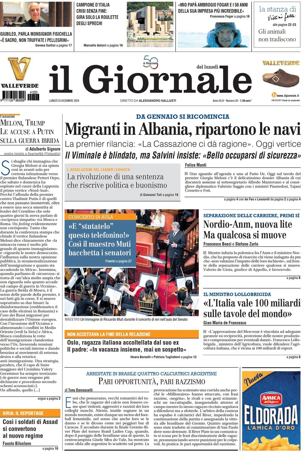 anteprima della prima pagina di il-giornale del 23/12/2024