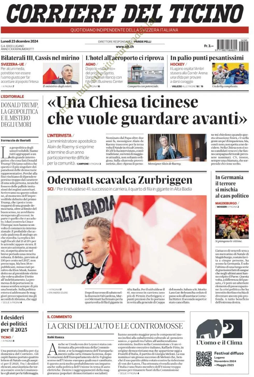 anteprima della prima pagina di corriere-del-ticino del 23/12/2024