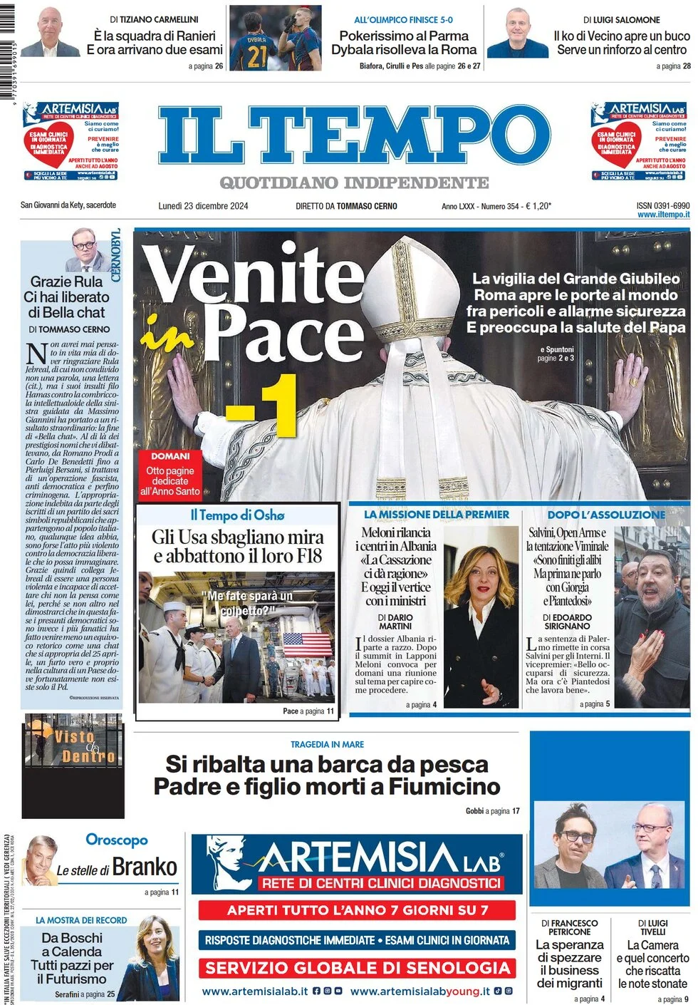 anteprima della prima pagina di il-tempo del 23/12/2024