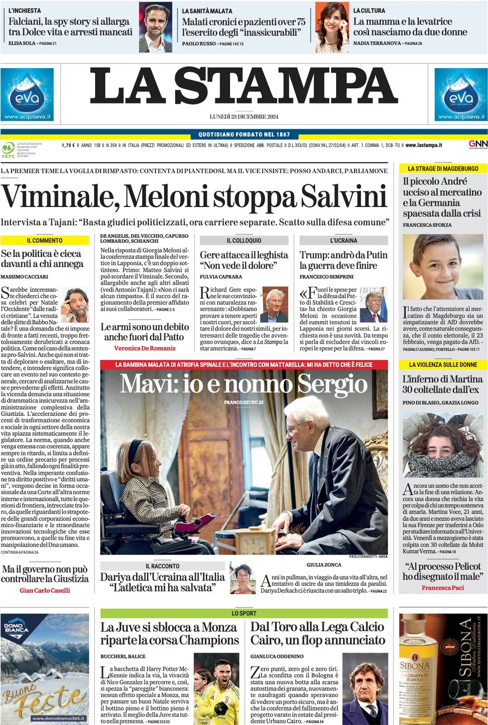 anteprima della prima pagina di la-stampa del 23/12/2024