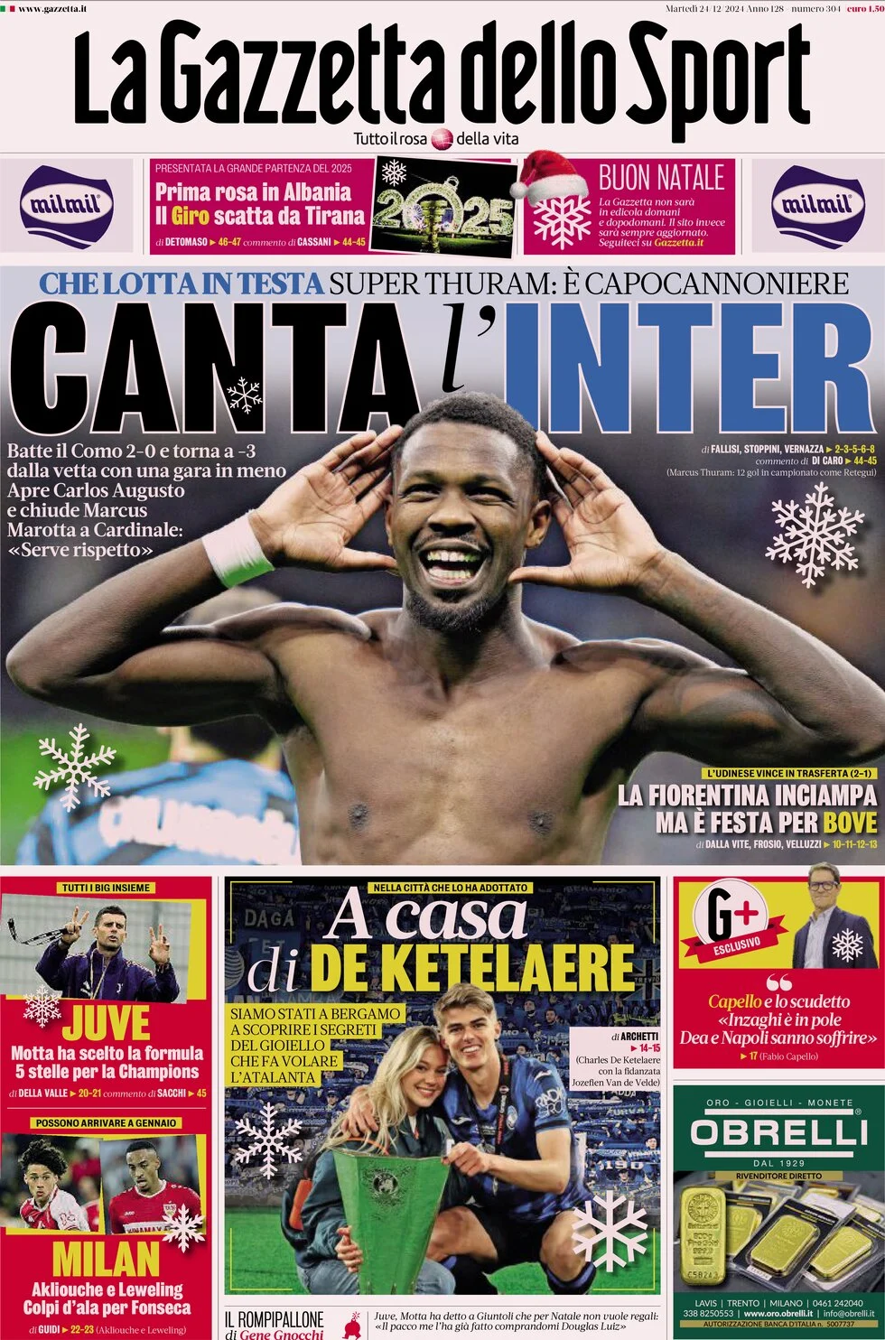 anteprima della prima pagina di la-gazzetta-dello-sport del 24/12/2024