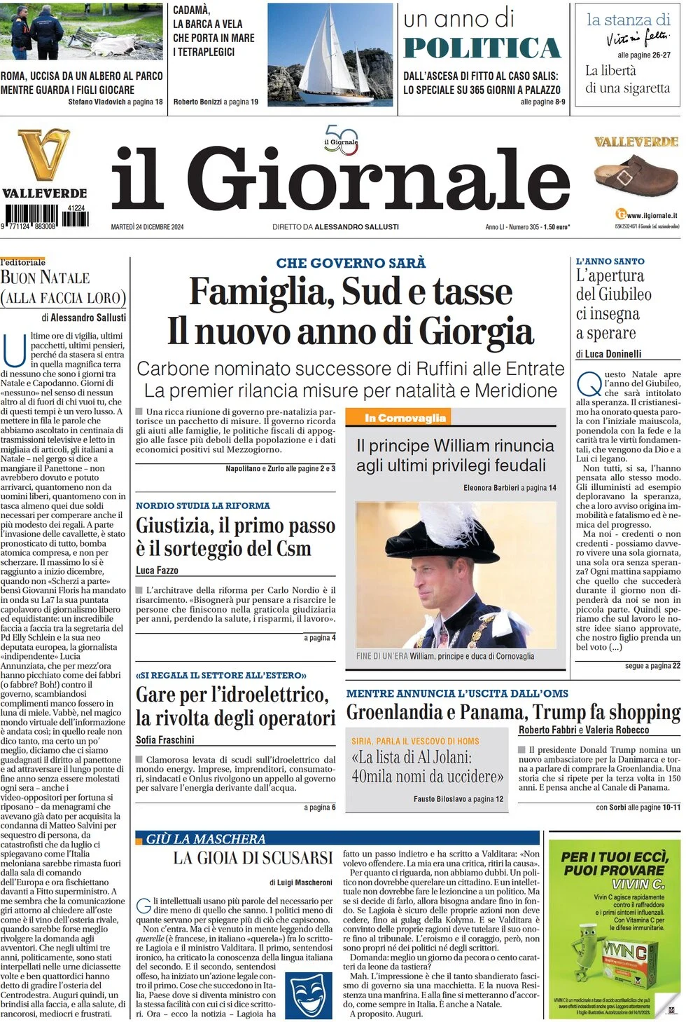 anteprima della prima pagina di il-giornale del 24/12/2024