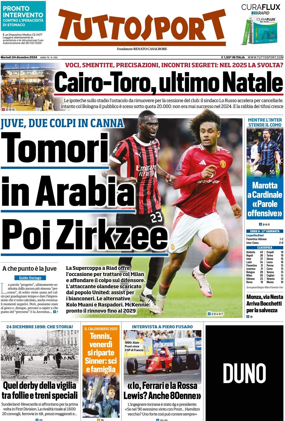 anteprima della prima pagina di tuttosport del 24/12/2024