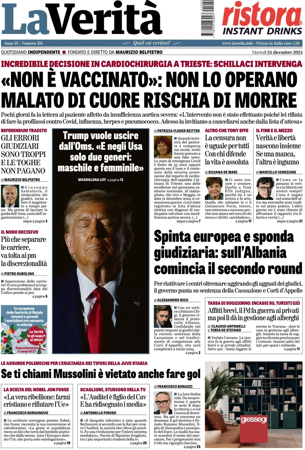 anteprima della prima pagina di la-verit del 24/12/2024