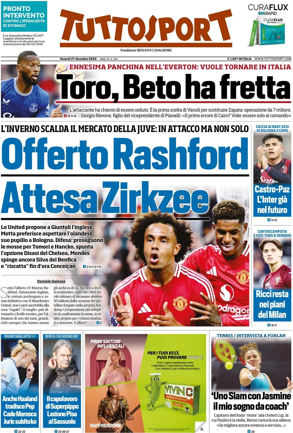 anteprima della prima pagina di tuttosport del 27/12/2024