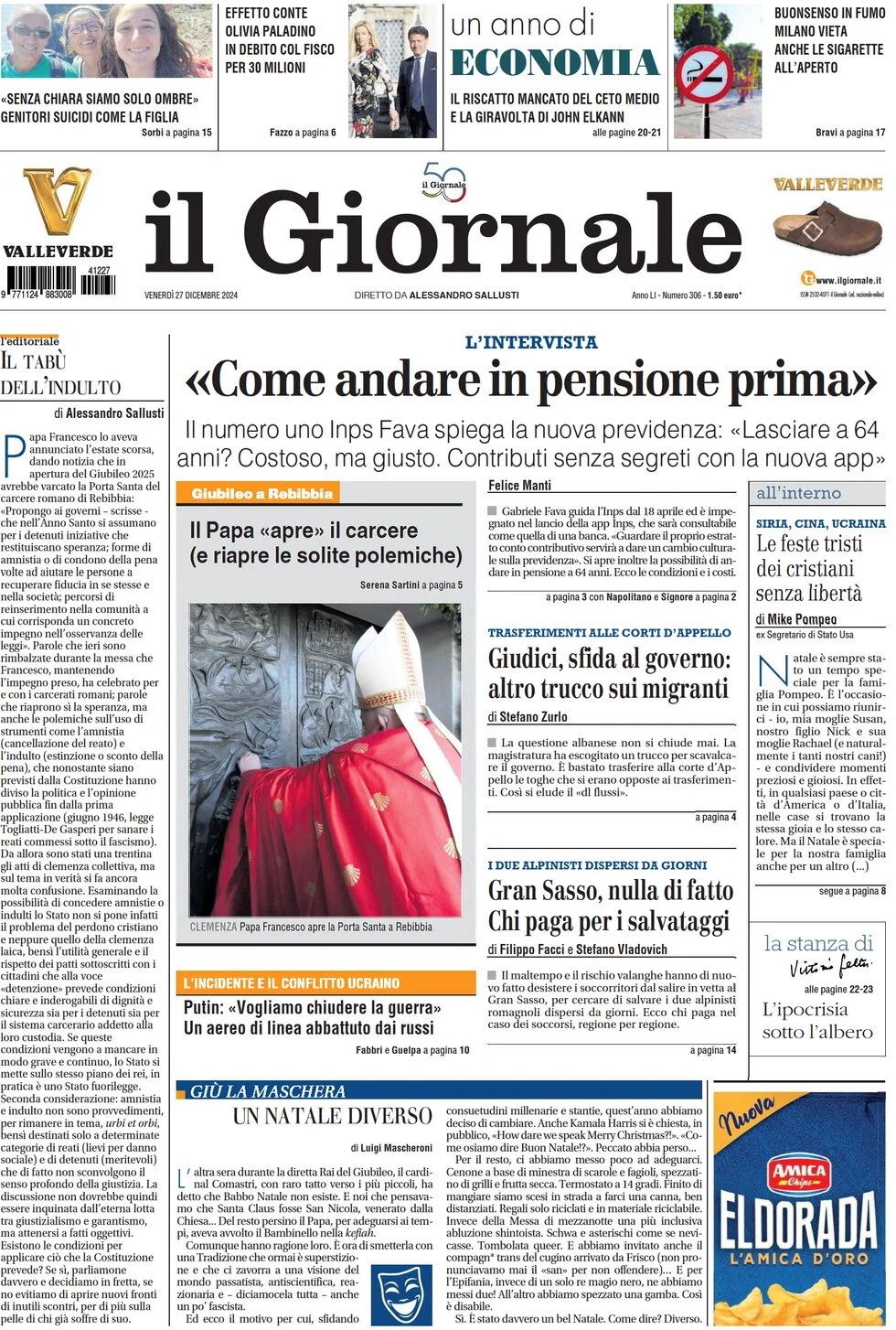 anteprima della prima pagina di il-giornale del 27/12/2024