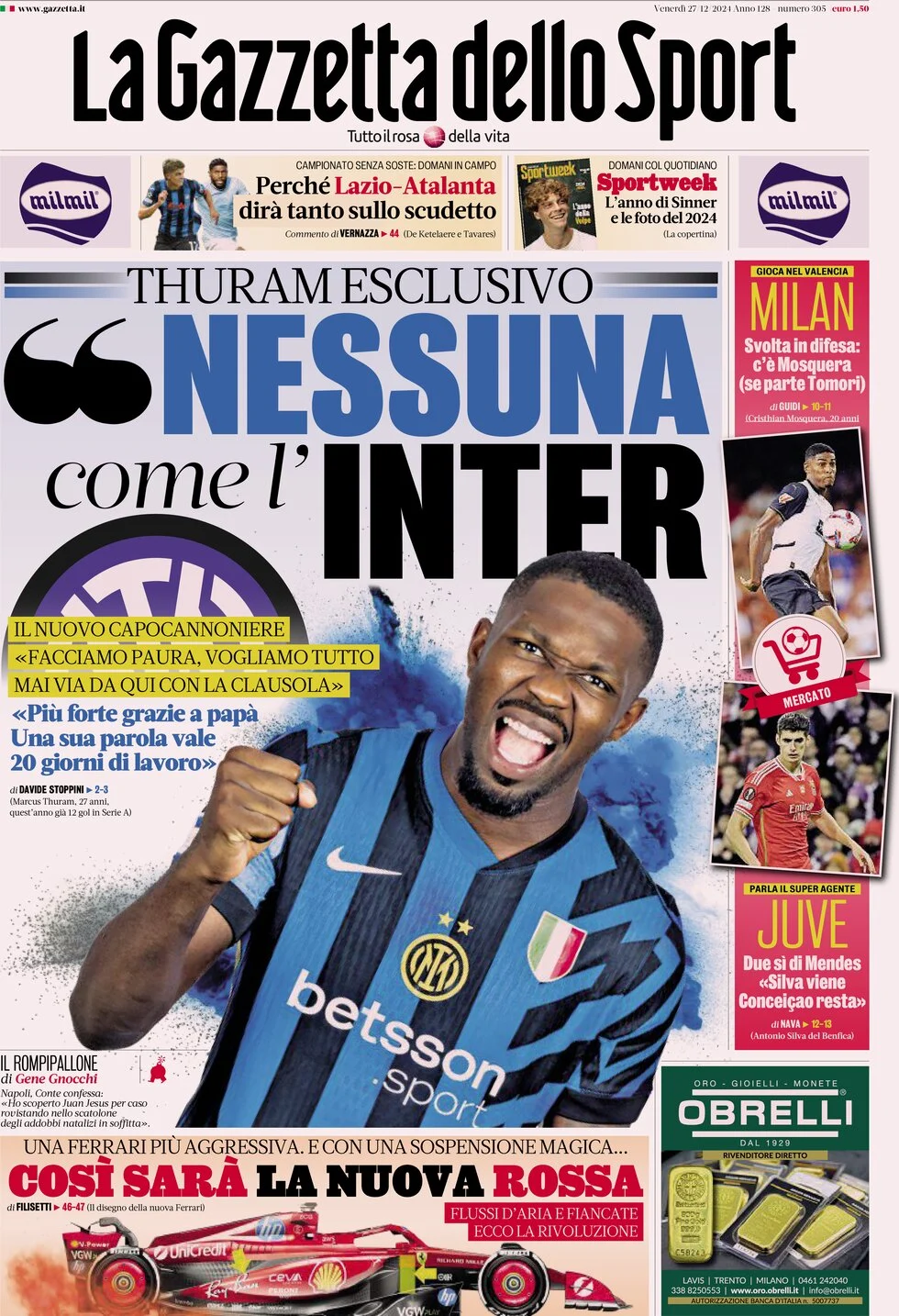 anteprima della prima pagina di la-gazzetta-dello-sport del 27/12/2024