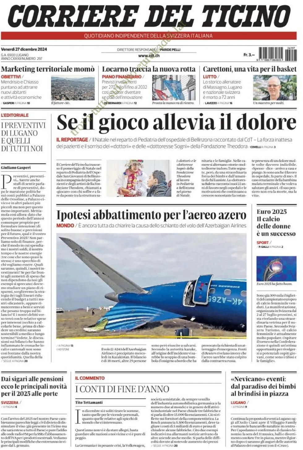 anteprima della prima pagina di corriere-del-ticino del 27/12/2024