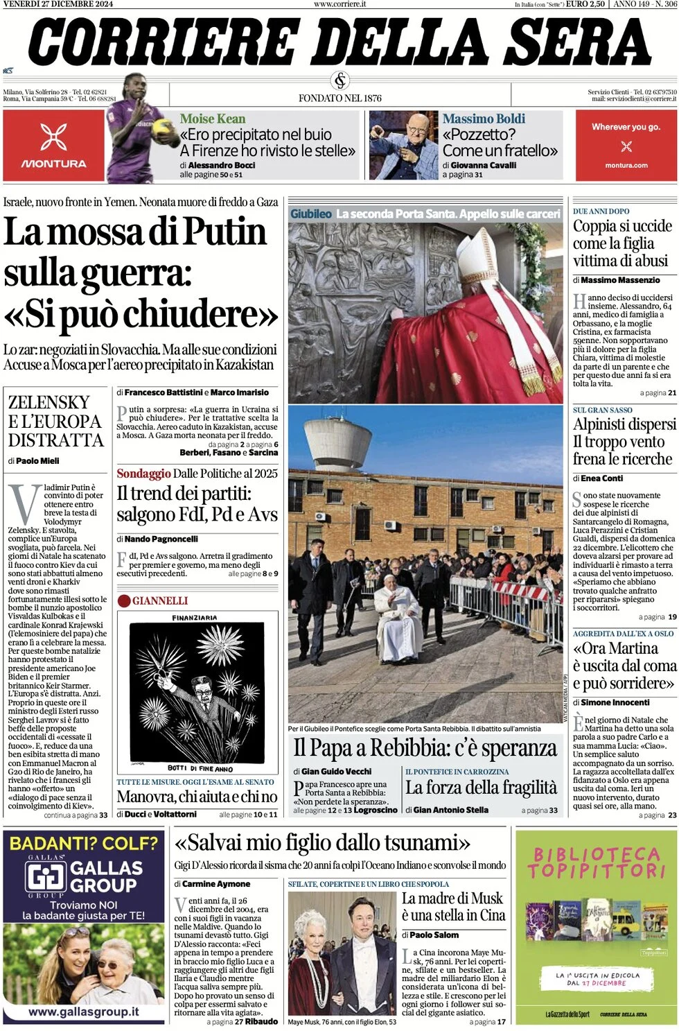 anteprima della prima pagina di corriere-della-sera del 27/12/2024
