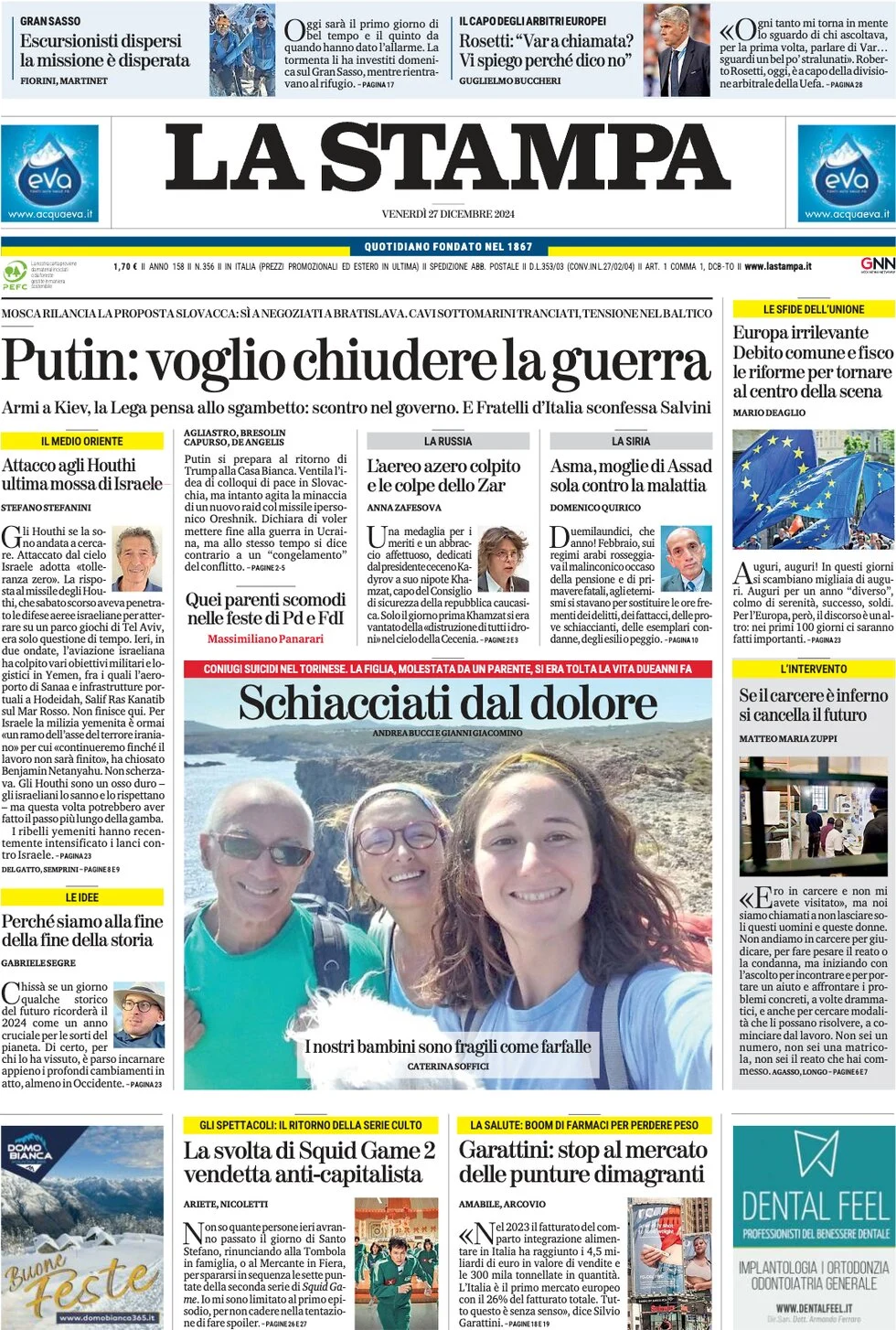 anteprima della prima pagina di la-stampa del 27/12/2024