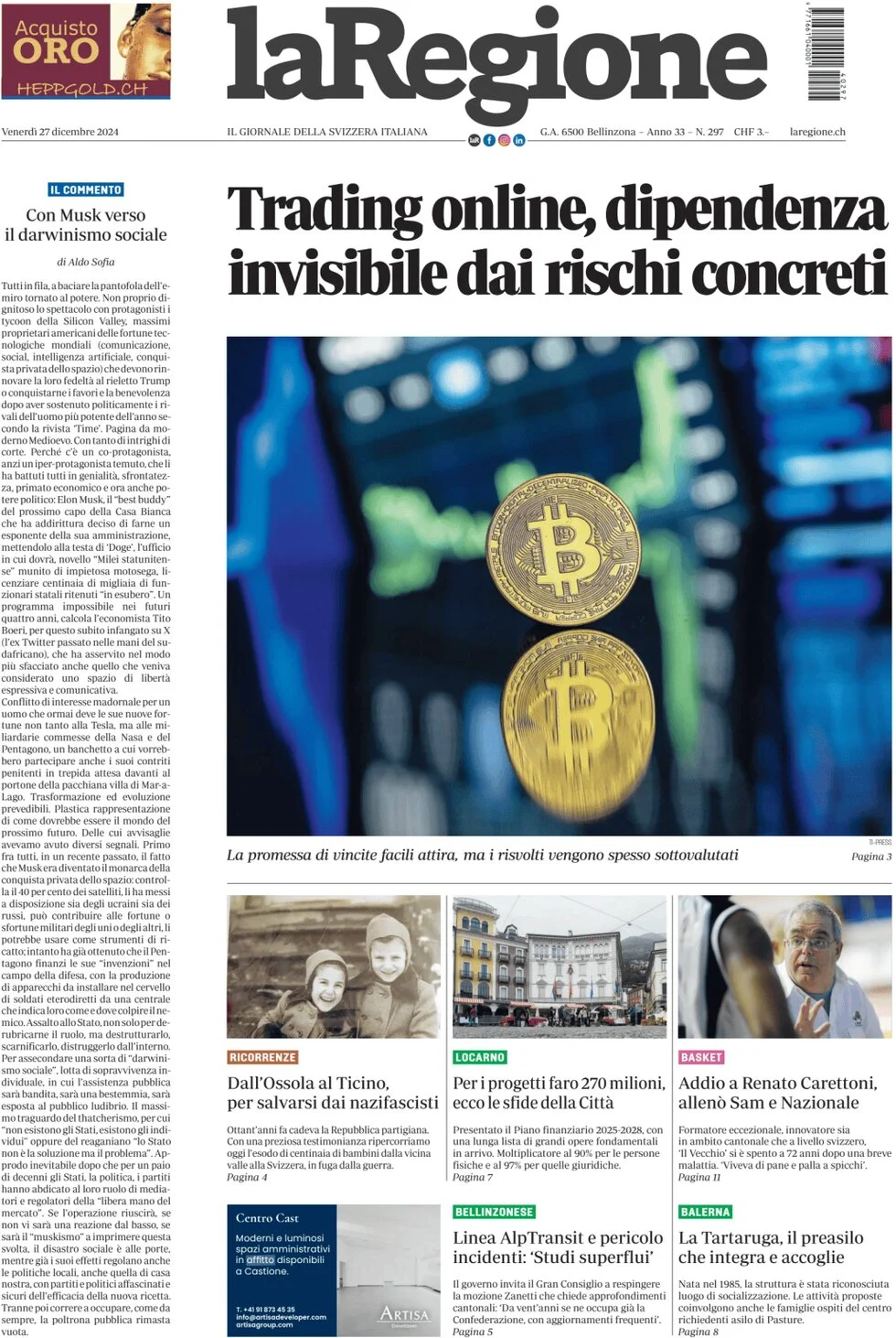 anteprima della prima pagina di la-regione del 27/12/2024