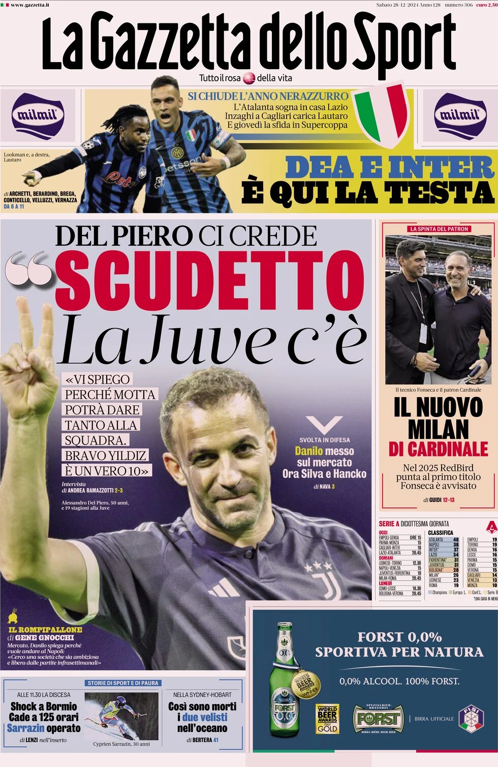 anteprima della prima pagina di la-gazzetta-dello-sport del 28/12/2024