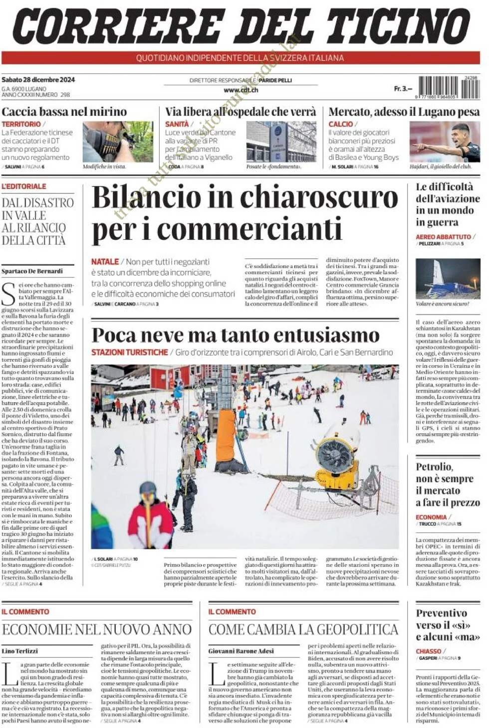 anteprima della prima pagina di corriere-del-ticino del 28/12/2024