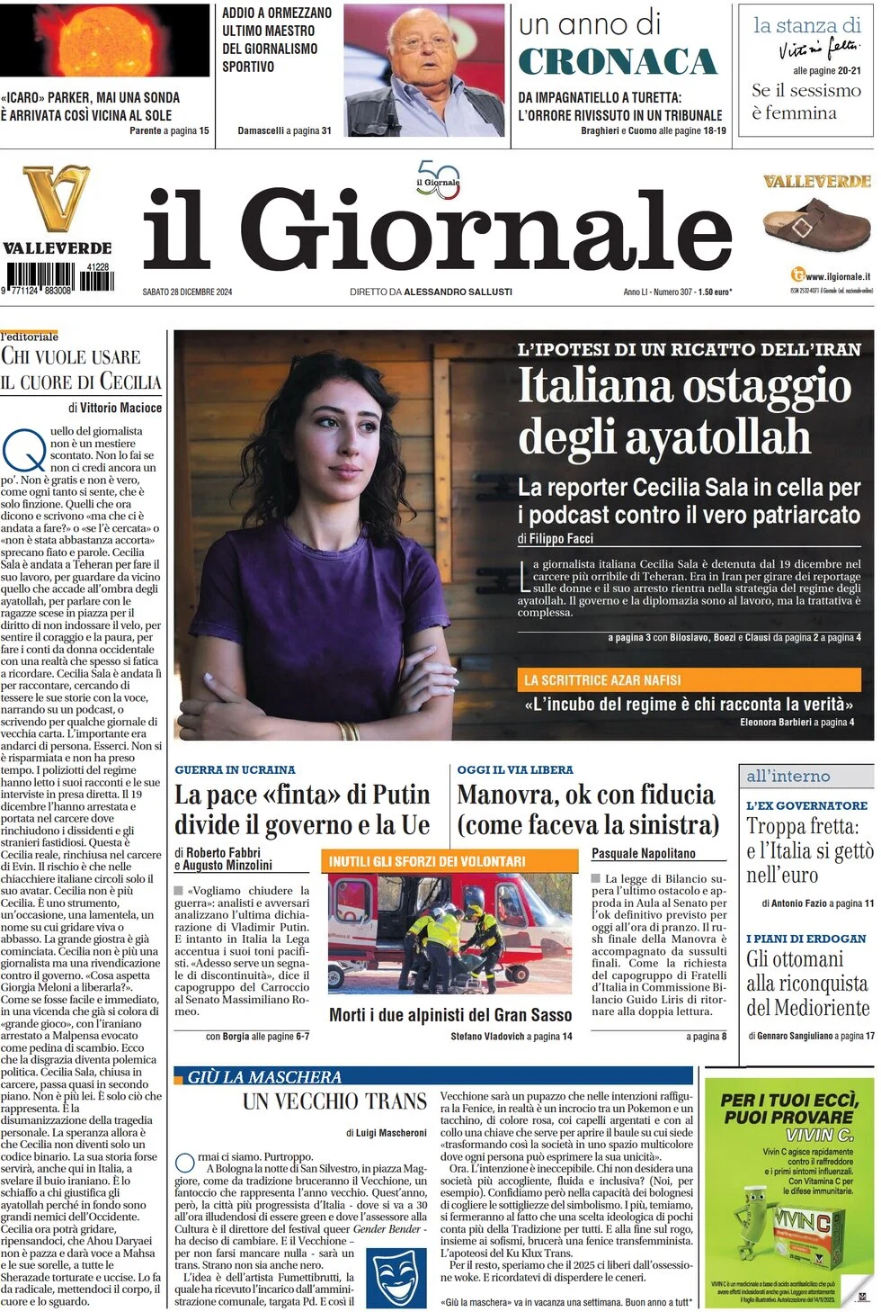 anteprima della prima pagina di il-giornale del 28/12/2024