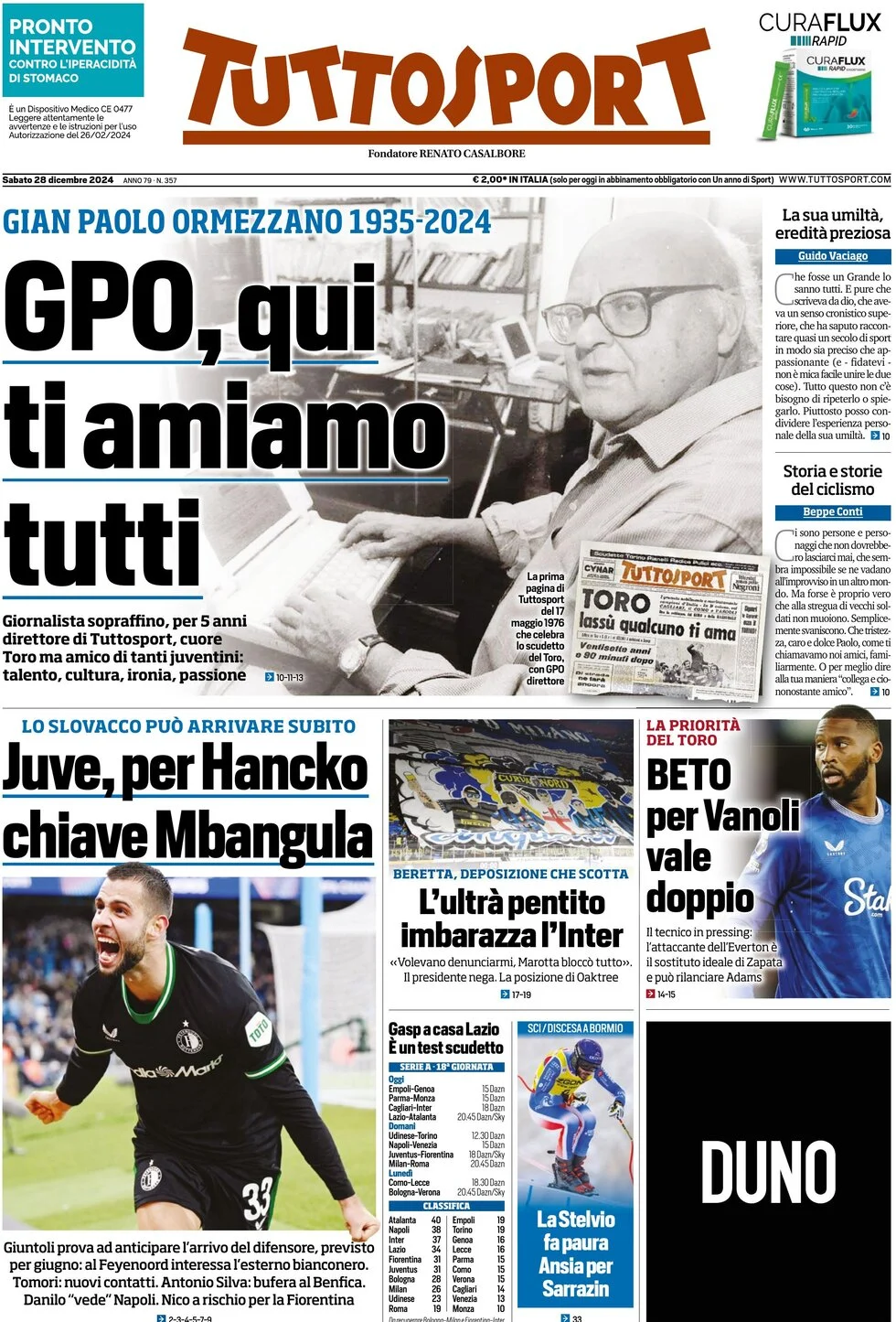anteprima della prima pagina di tuttosport del 28/12/2024