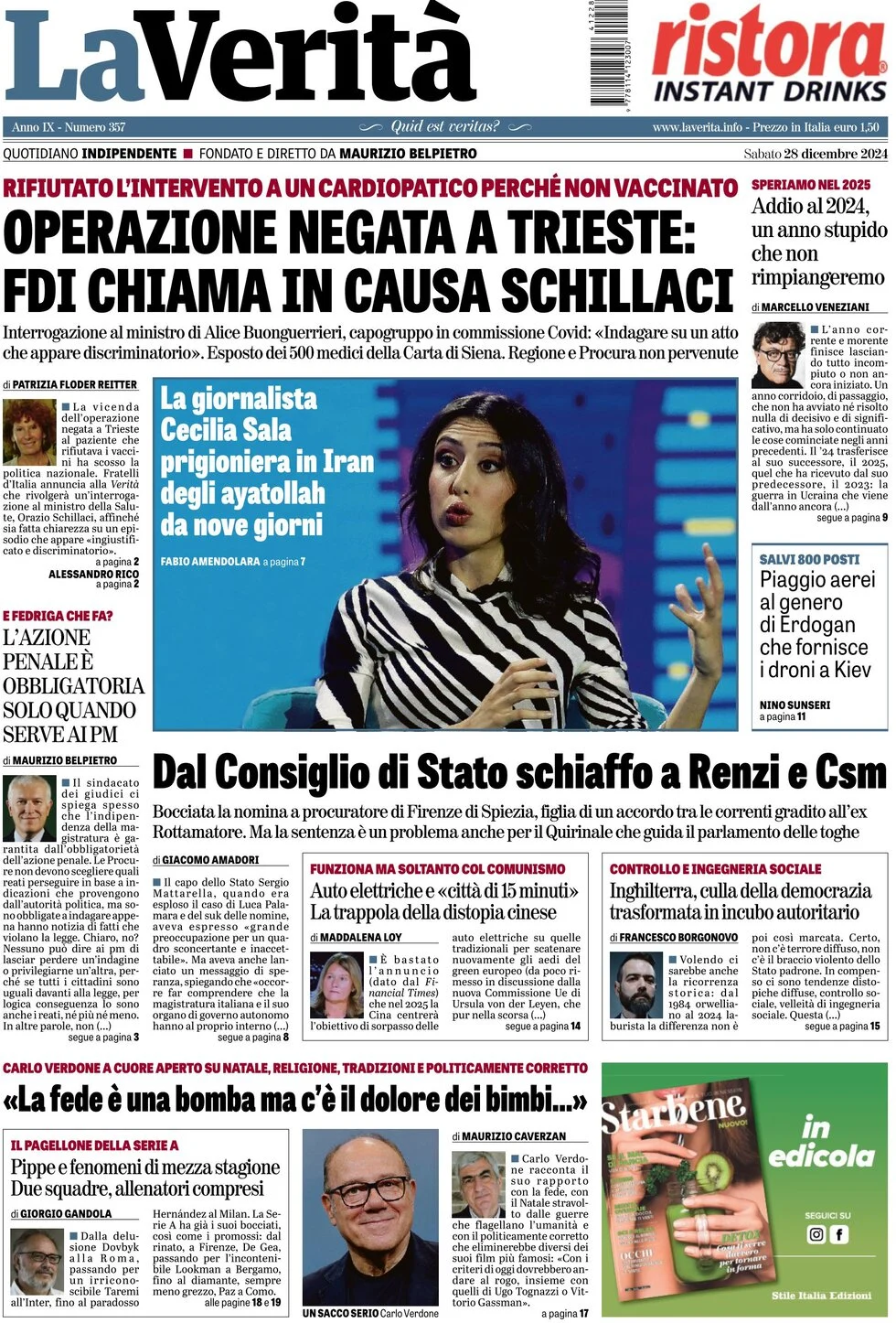 anteprima della prima pagina di la-verit del 28/12/2024