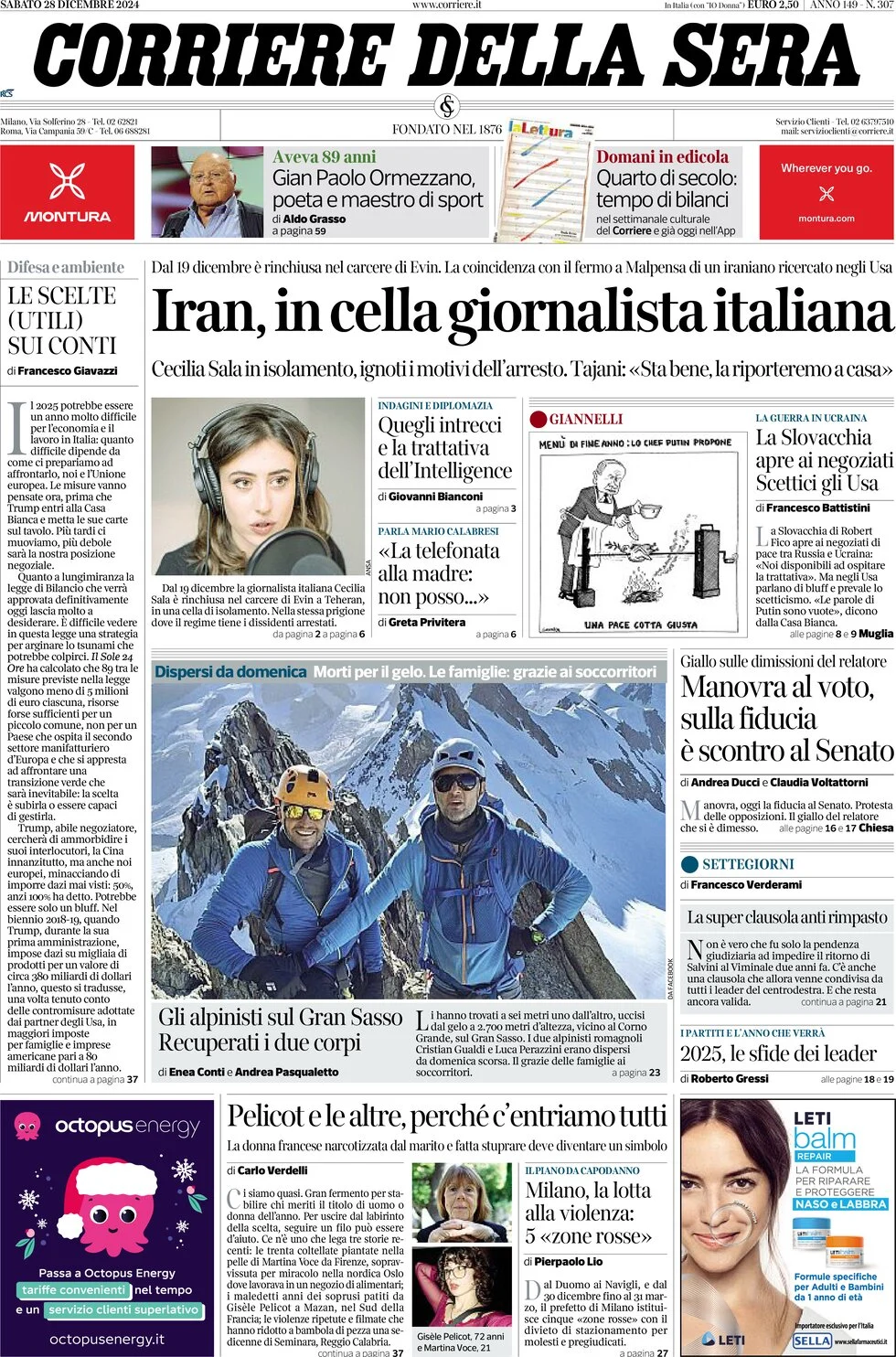 anteprima della prima pagina di corriere-della-sera del 28/12/2024
