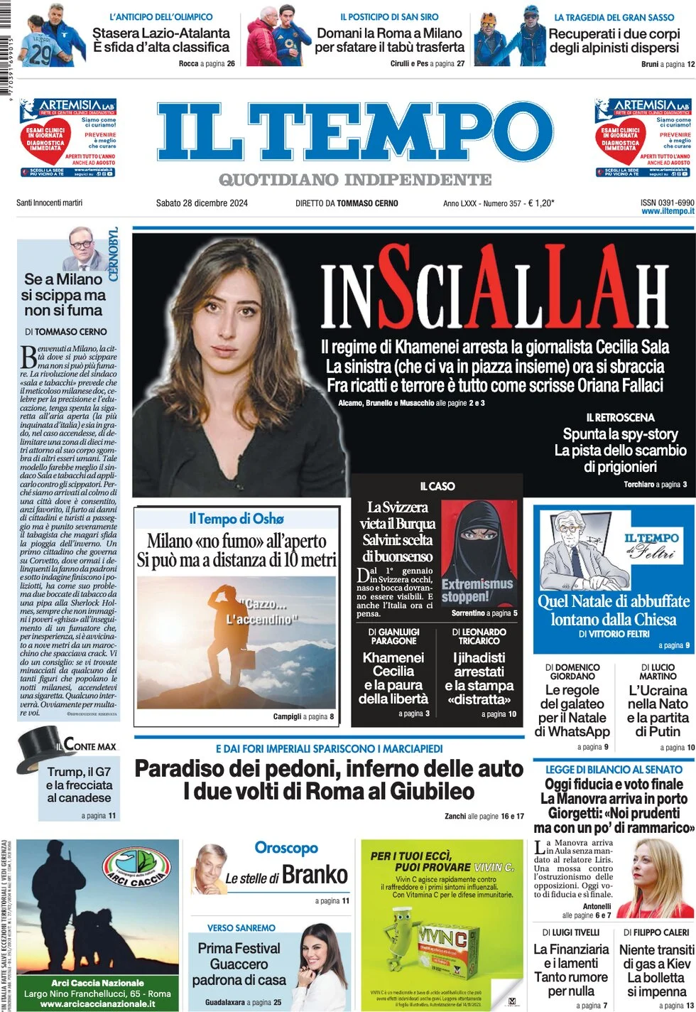 anteprima della prima pagina di il-tempo del 28/12/2024