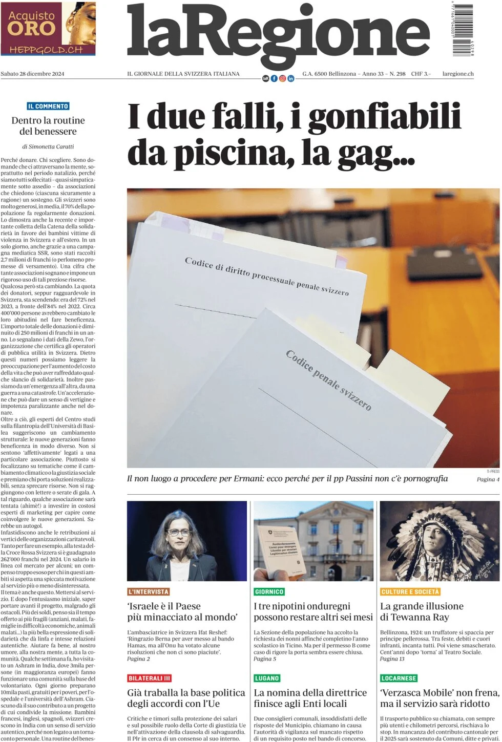 anteprima della prima pagina di la-regione del 28/12/2024