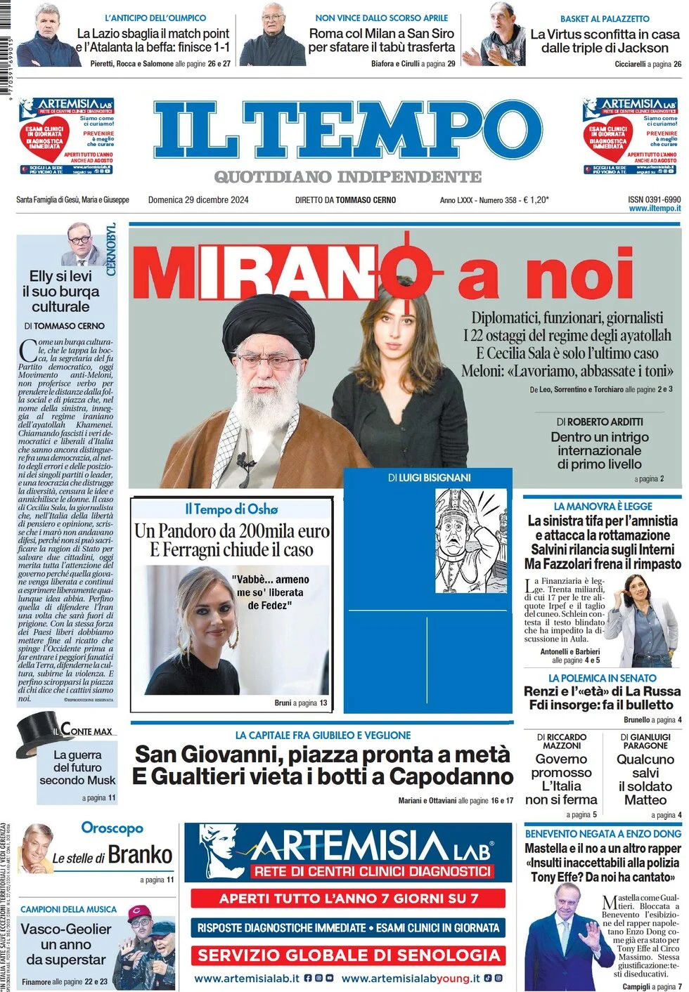 anteprima della prima pagina di il-tempo del 29/12/2024