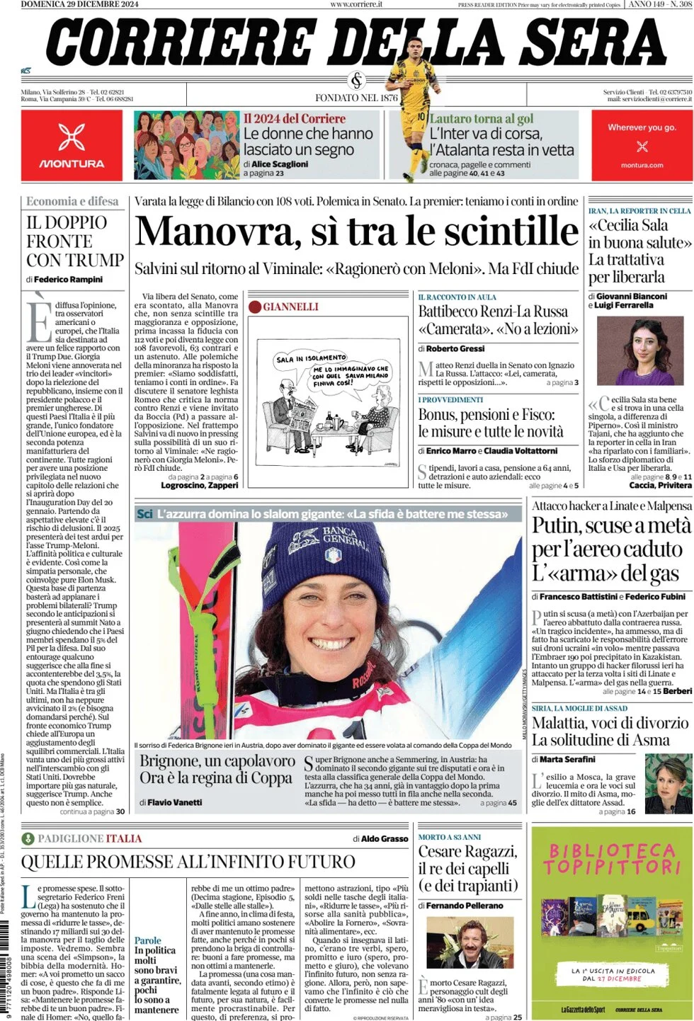 anteprima della prima pagina di corriere-della-sera del 29/12/2024