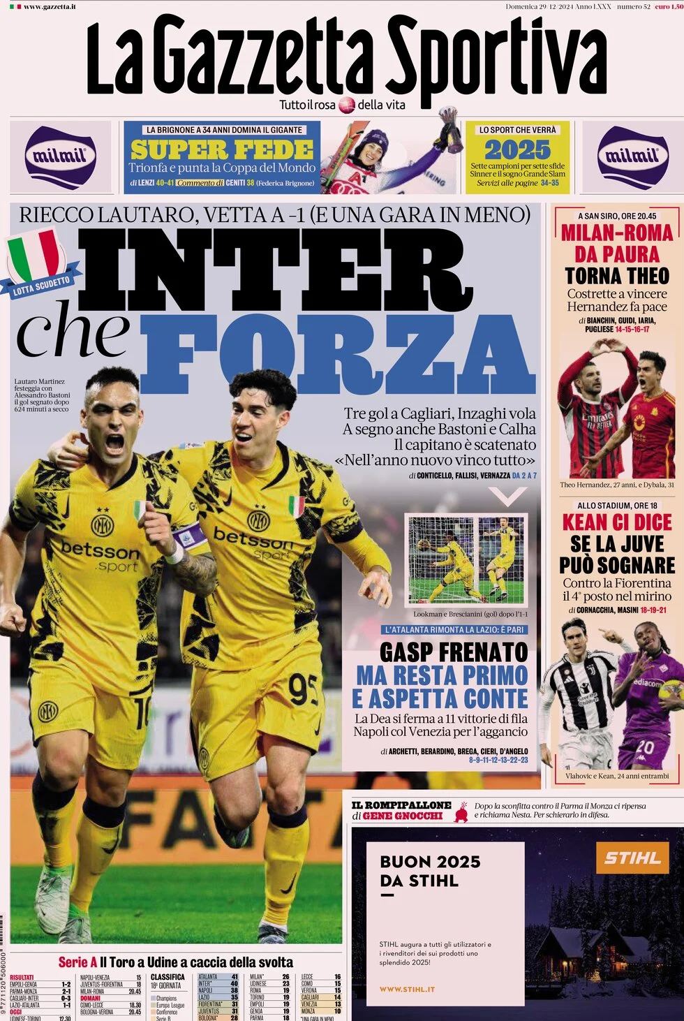 anteprima della prima pagina di la-gazzetta-dello-sport del 29/12/2024