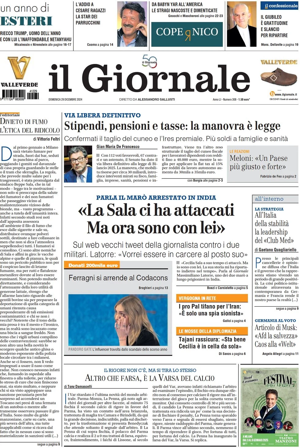 anteprima della prima pagina di il-giornale del 29/12/2024