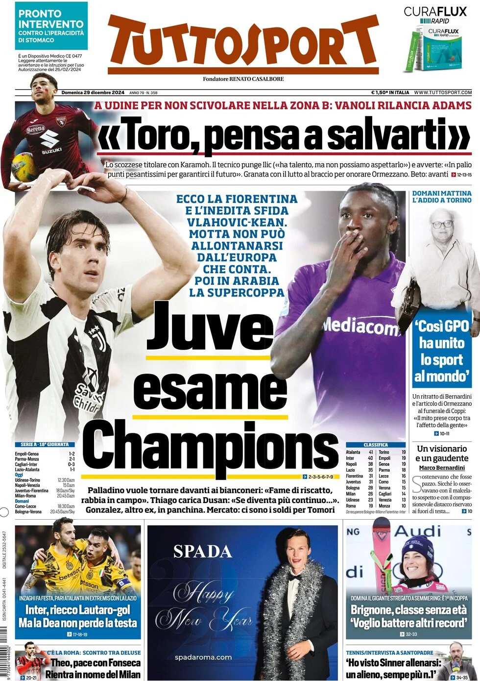 anteprima della prima pagina di tuttosport del 29/12/2024
