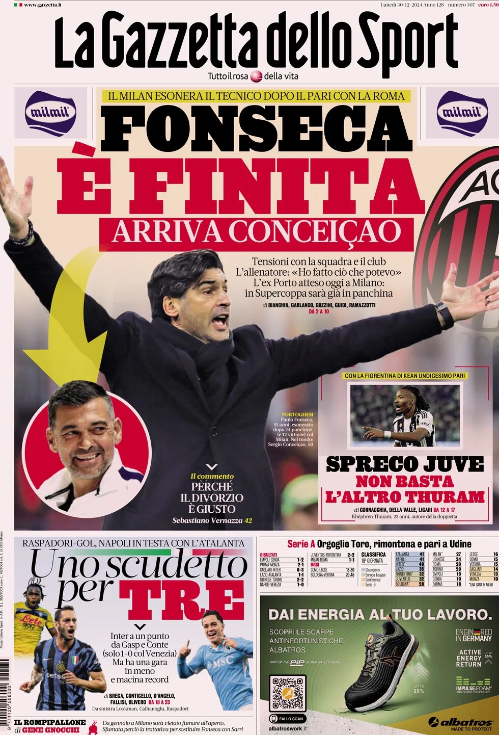 anteprima della prima pagina di la-gazzetta-dello-sport del 30/12/2024