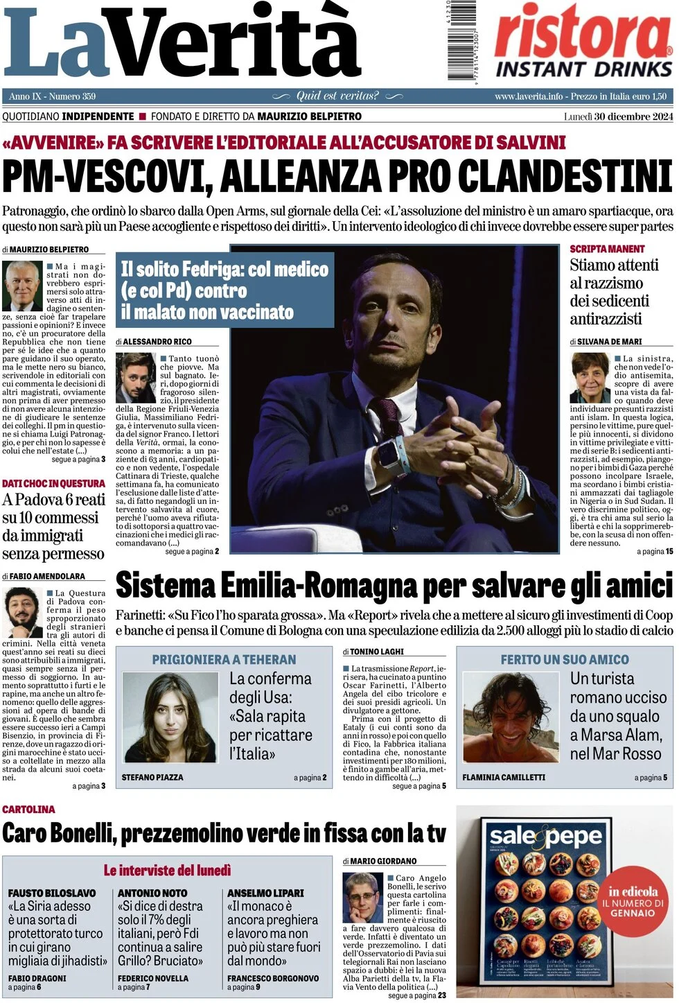 anteprima della prima pagina di la-verit del 30/12/2024