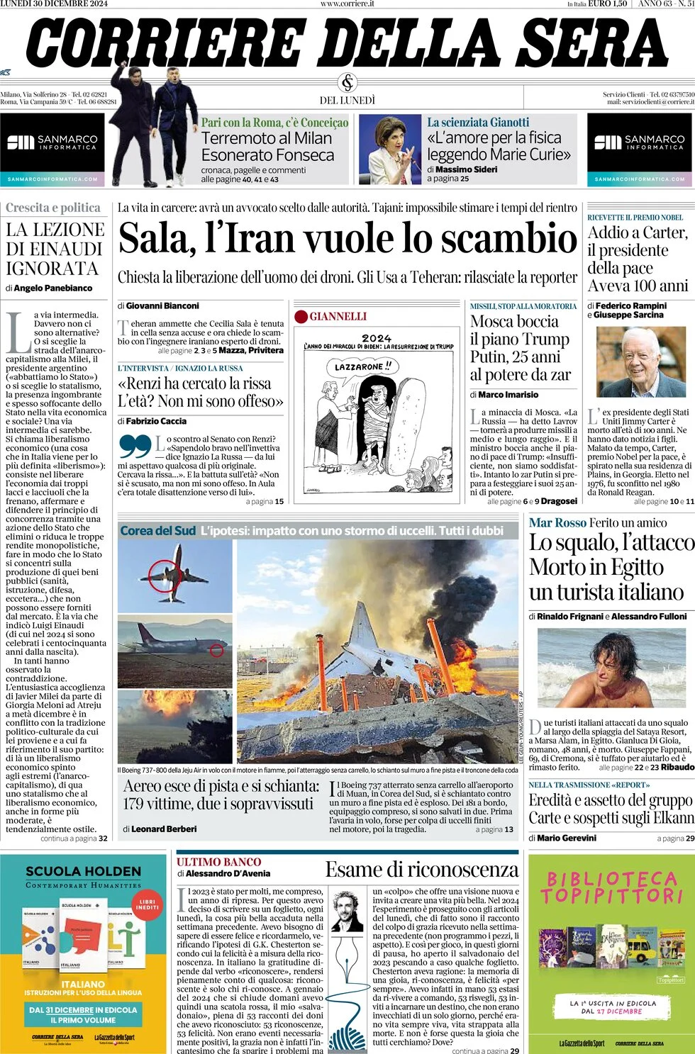 anteprima della prima pagina di corriere-della-sera del 30/12/2024
