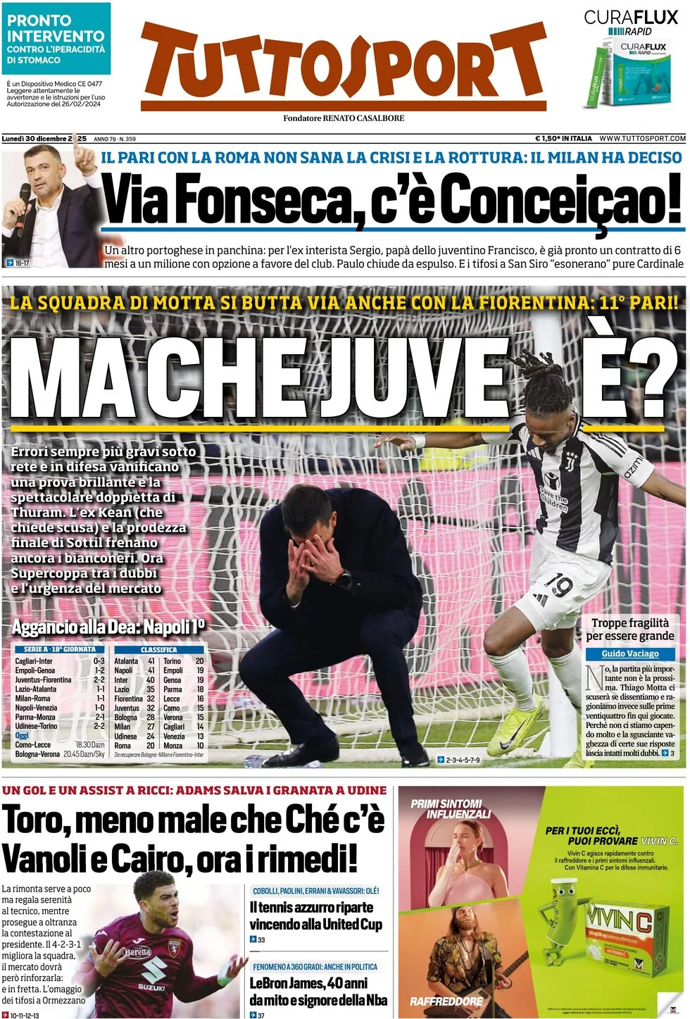 anteprima della prima pagina di tuttosport del 30/12/2024
