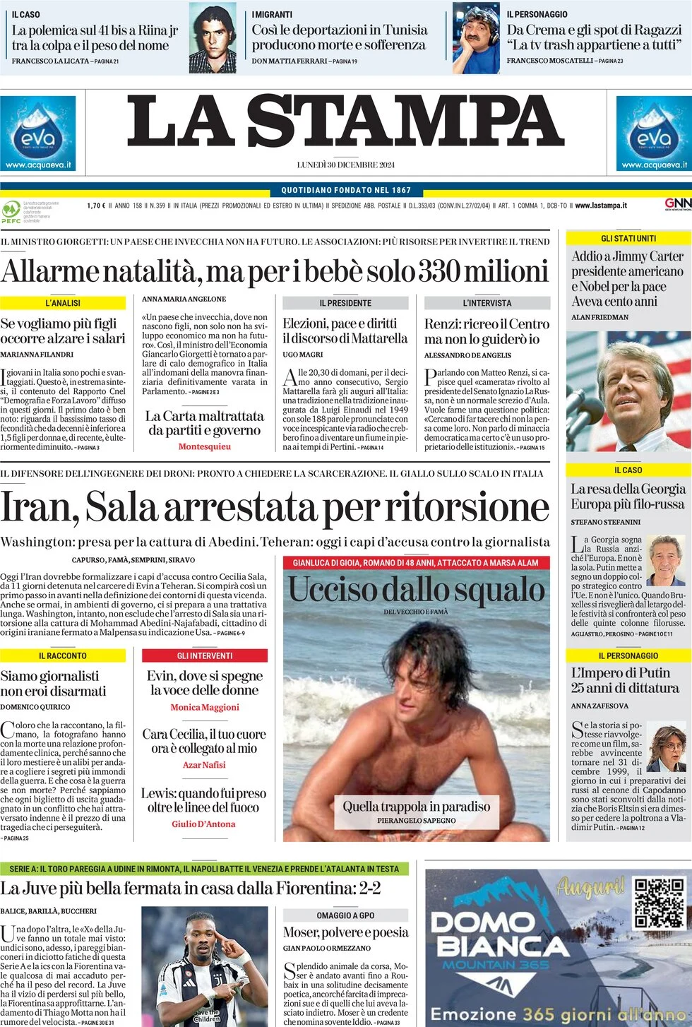 anteprima della prima pagina di la-stampa del 30/12/2024