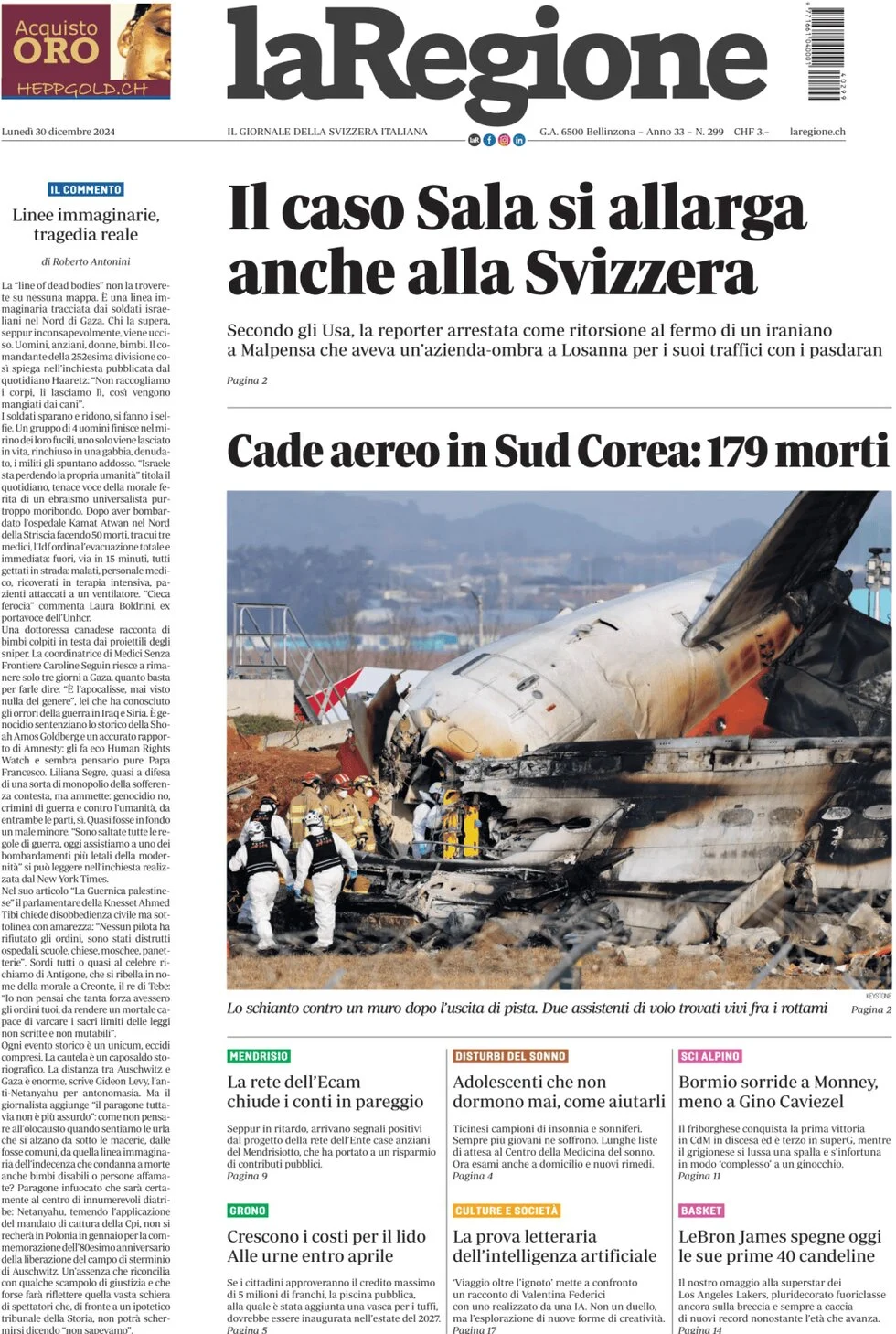 anteprima della prima pagina di la-regione del 30/12/2024