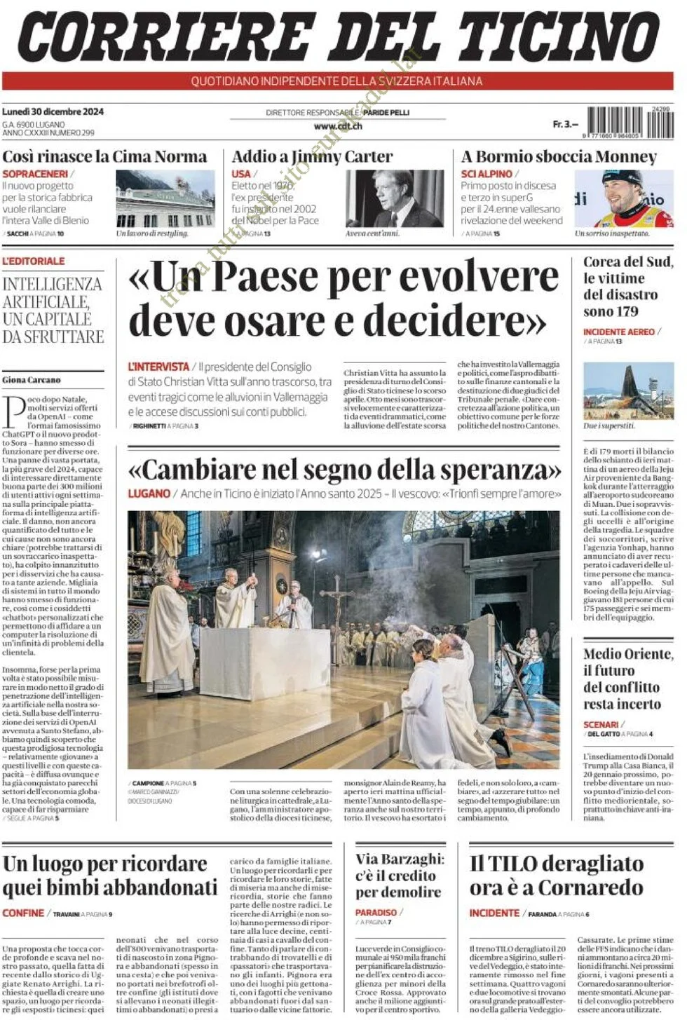 anteprima della prima pagina di corriere-del-ticino del 30/12/2024