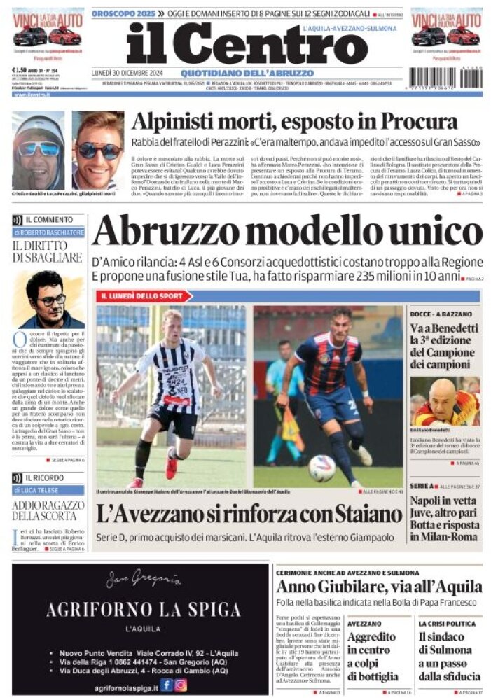 anteprima della prima pagina di il-centro-laquila del 30/12/2024