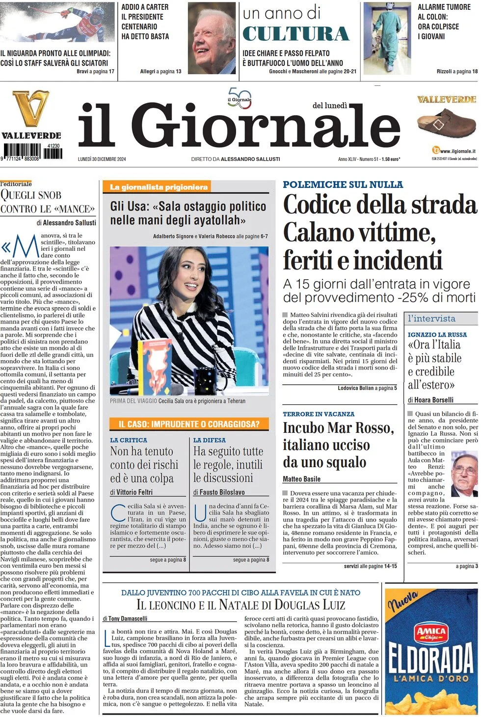anteprima della prima pagina di il-giornale del 30/12/2024