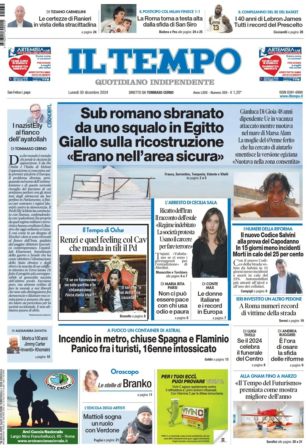 anteprima della prima pagina di il-tempo del 30/12/2024