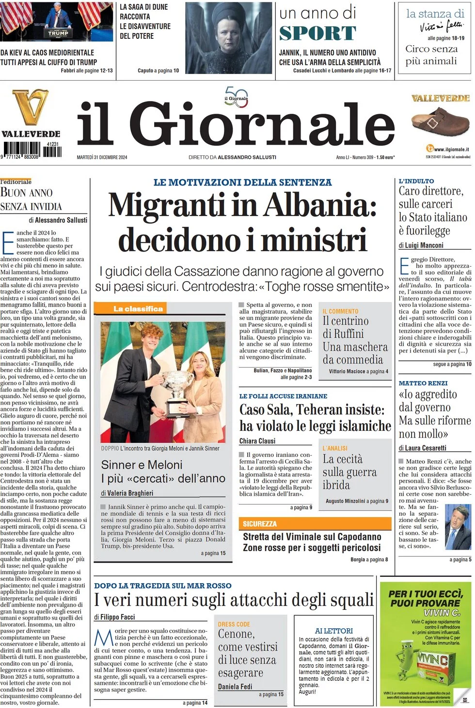 anteprima della prima pagina di il-giornale del 31/12/2024