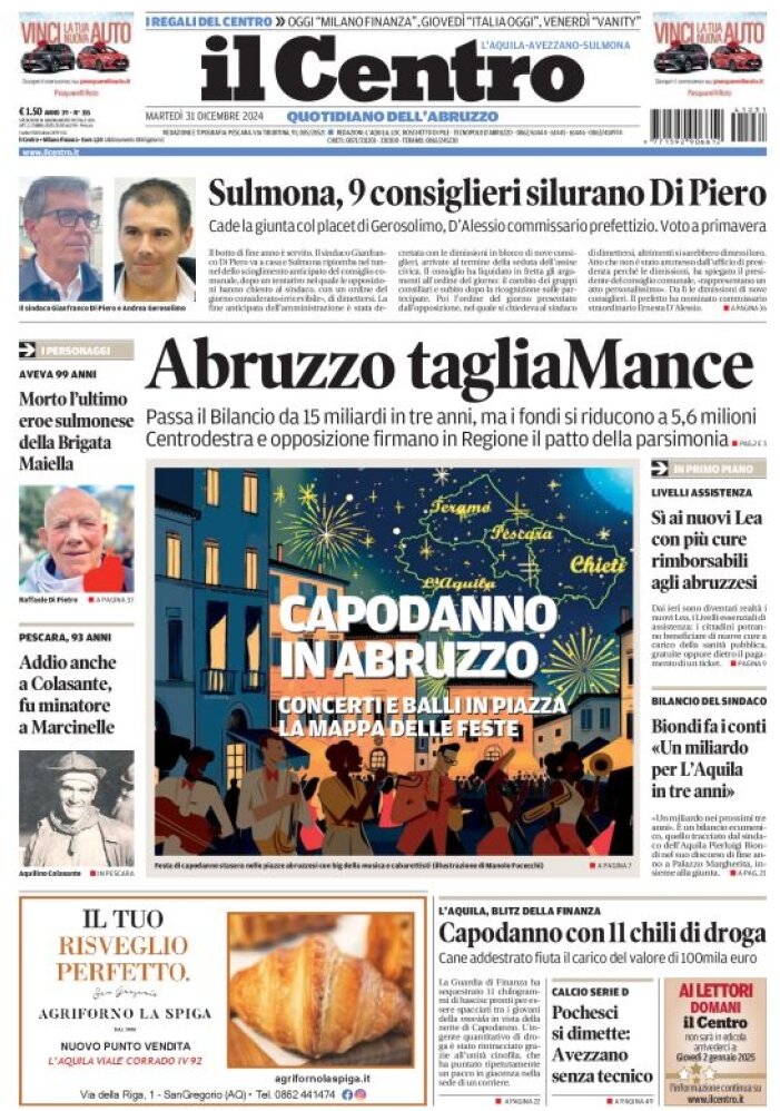 anteprima della prima pagina di il-centro-laquila del 31/12/2024