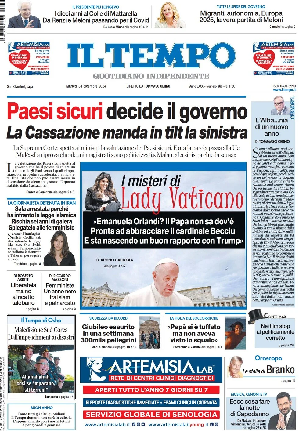 anteprima della prima pagina di il-tempo del 31/12/2024