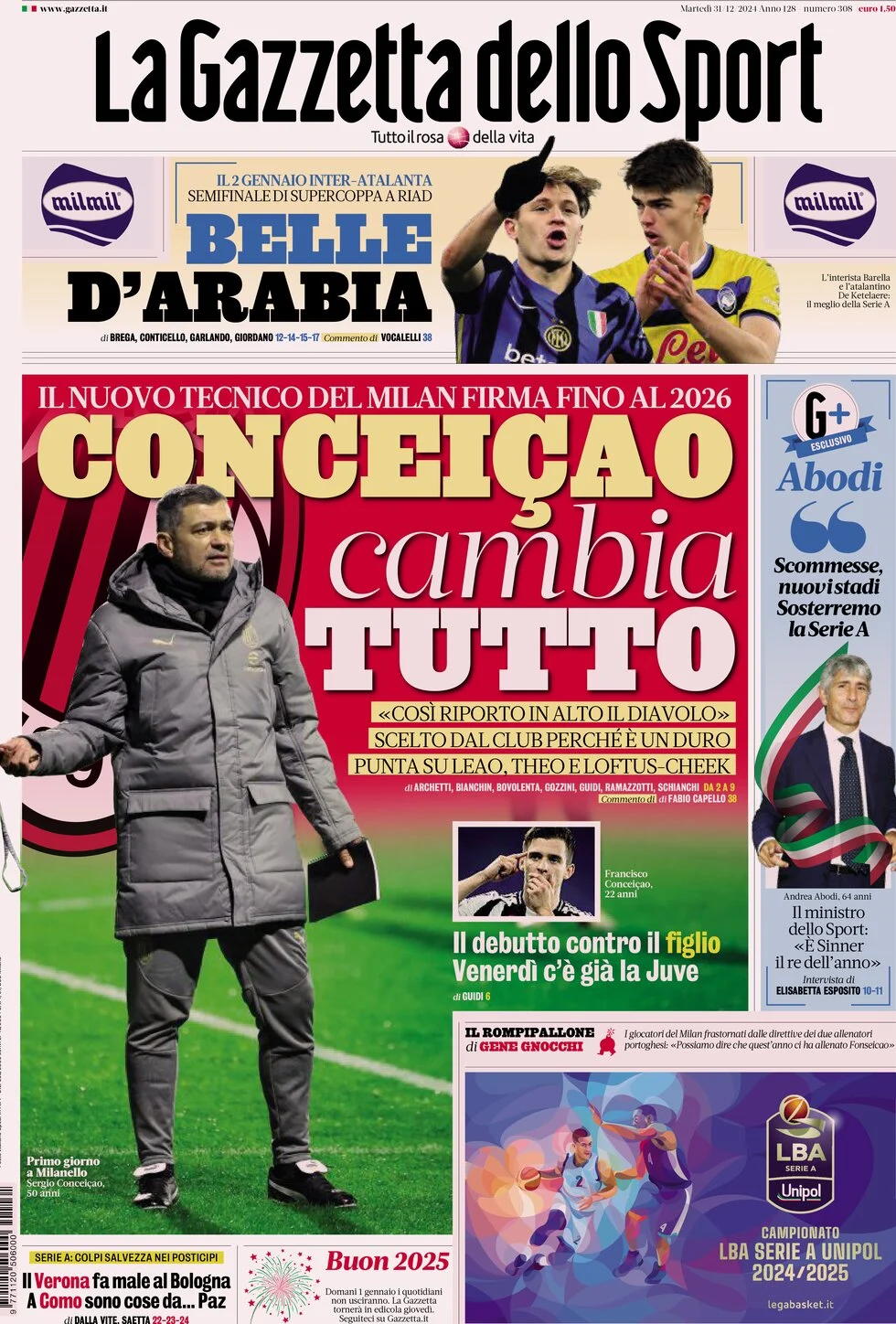 anteprima della prima pagina di la-gazzetta-dello-sport del 31/12/2024