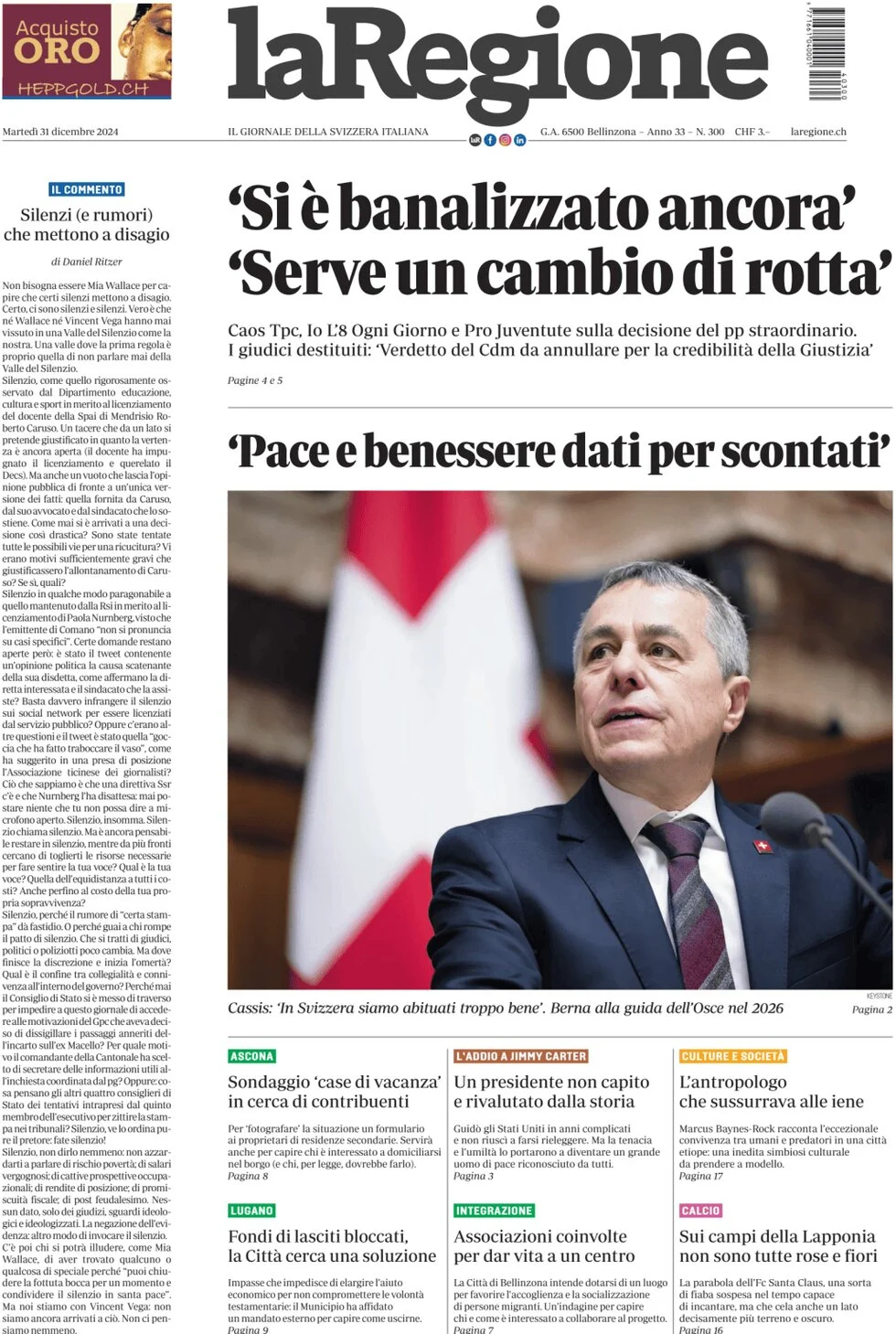 anteprima della prima pagina di la-regione del 31/12/2024