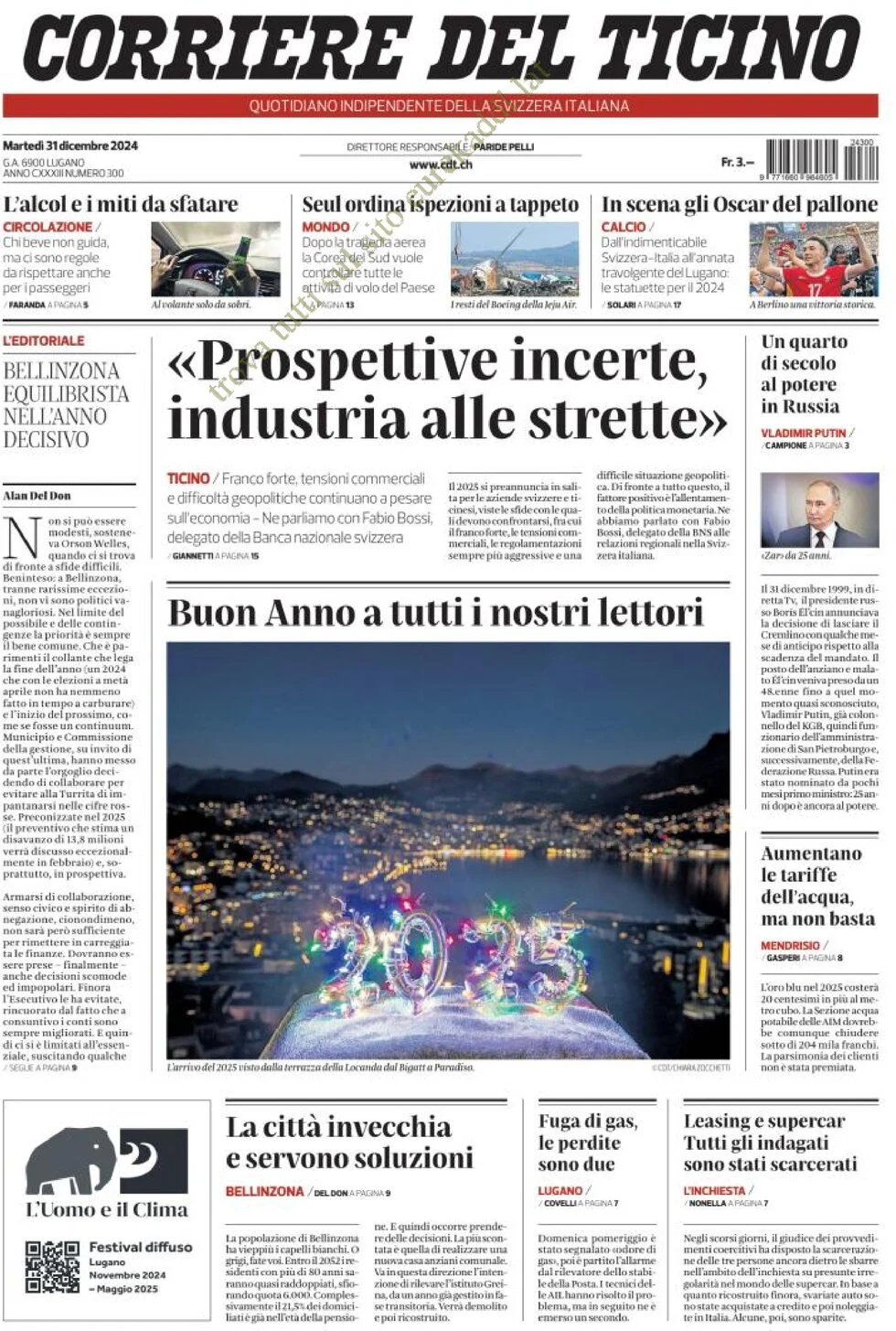 anteprima della prima pagina di corriere-del-ticino del 31/12/2024