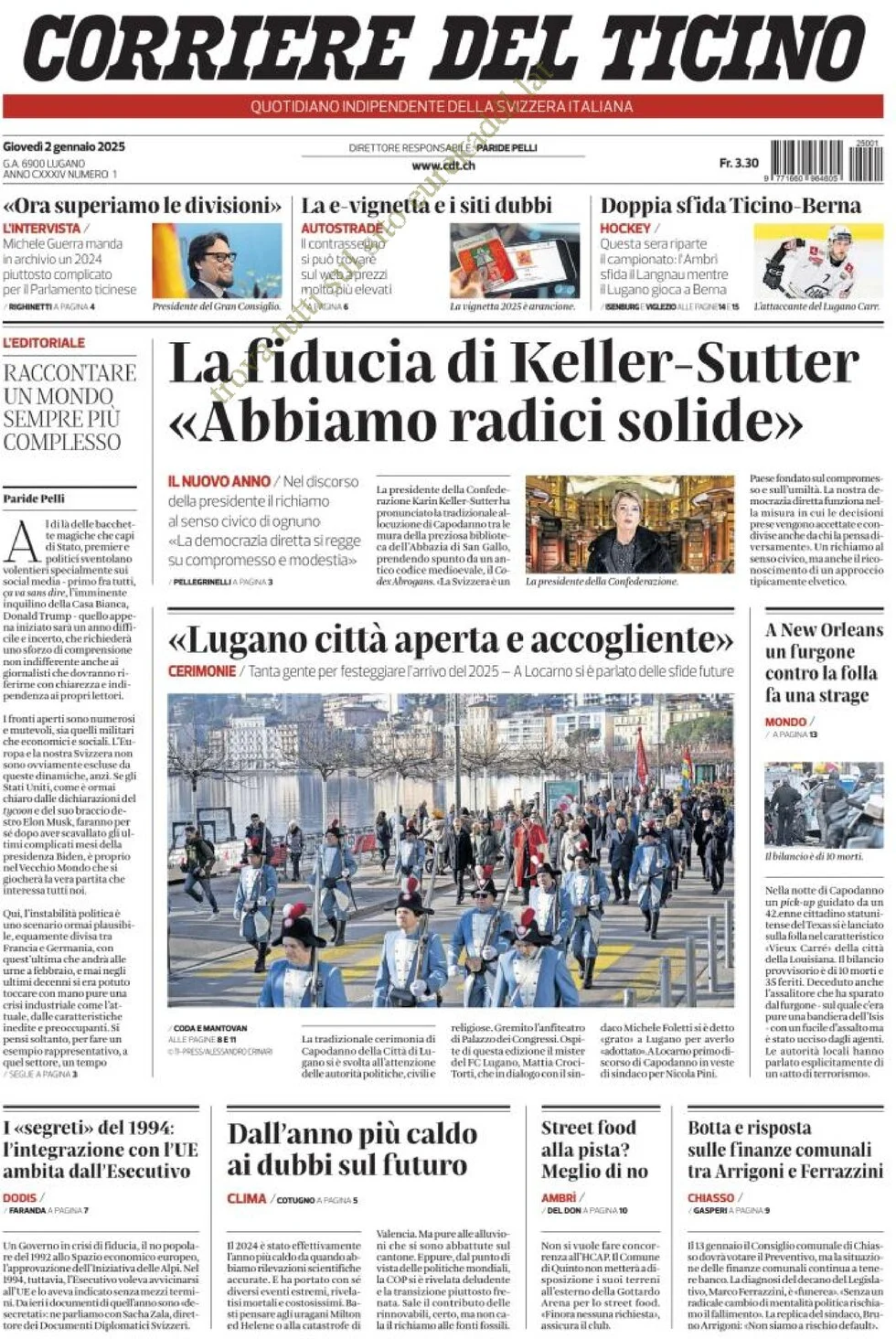 anteprima della prima pagina di corriere-del-ticino del 02/01/2025