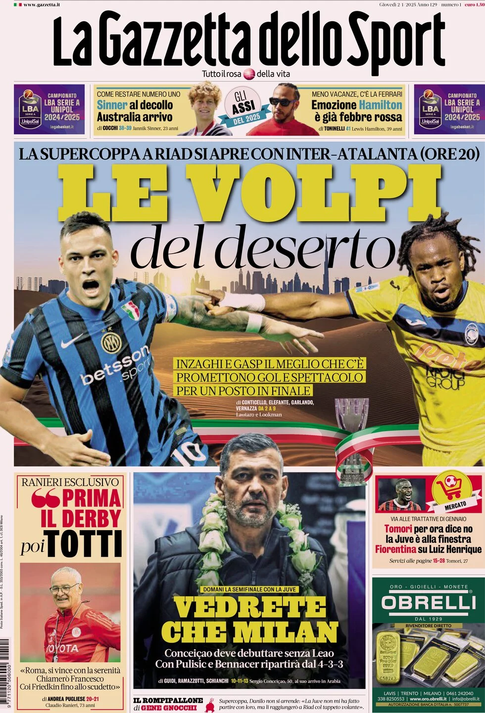 anteprima della prima pagina di la-gazzetta-dello-sport del 02/01/2025