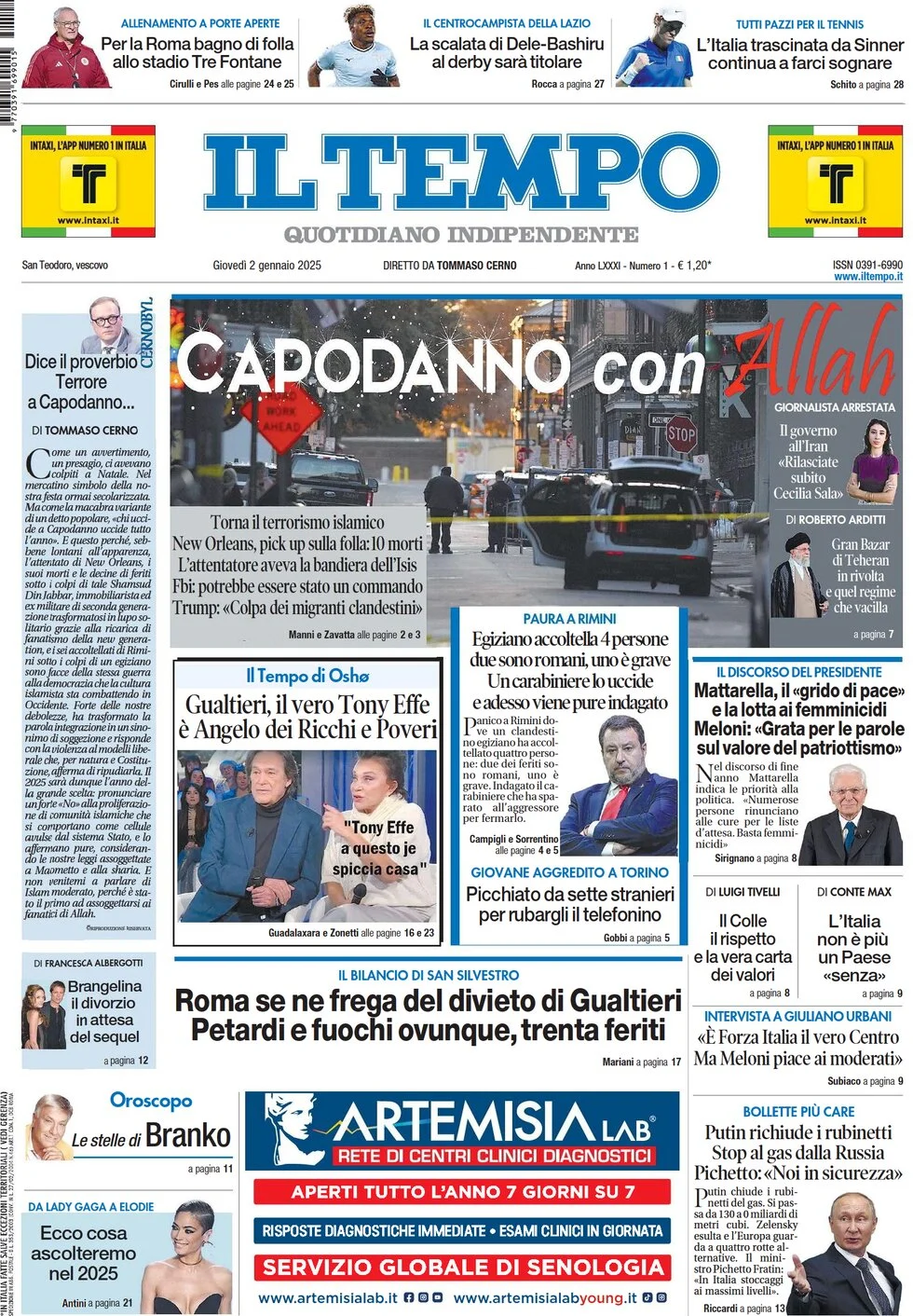 anteprima della prima pagina di il-tempo del 02/01/2025