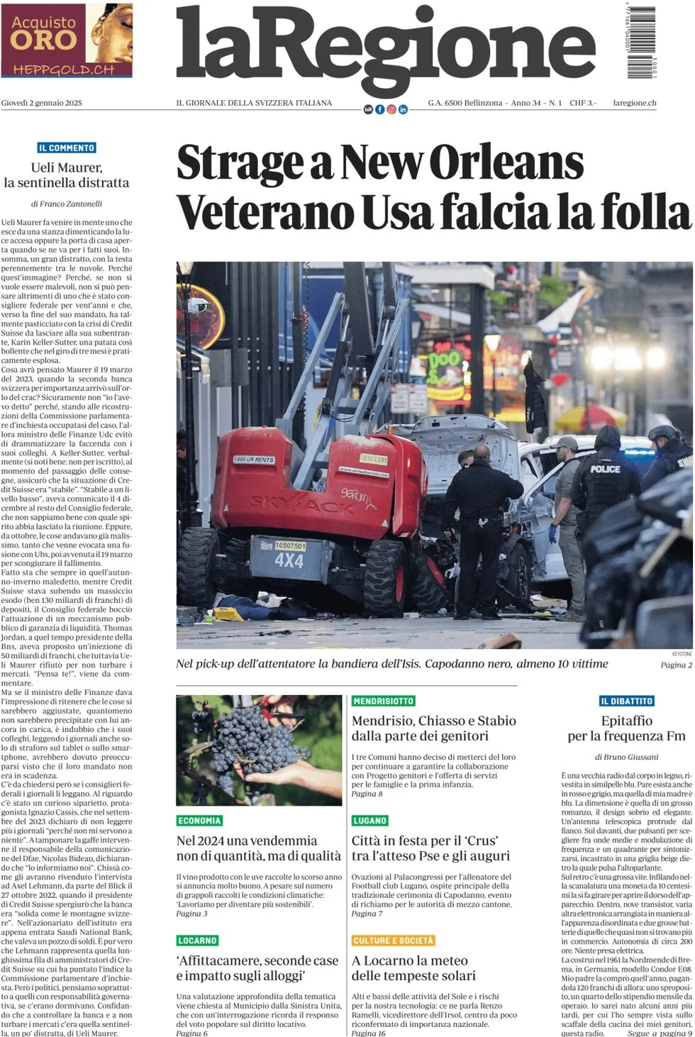 anteprima della prima pagina di la-regione del 02/01/2025