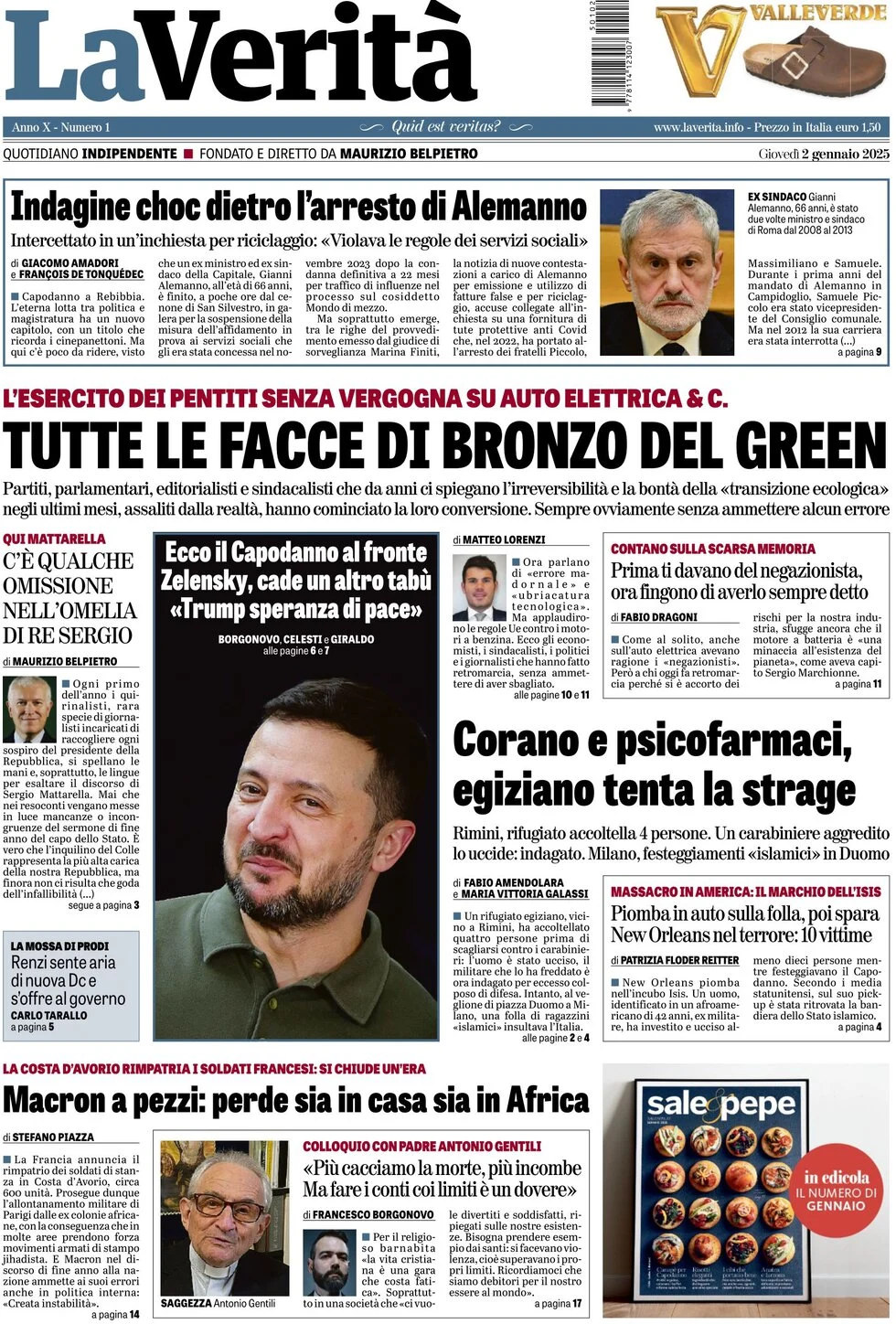 anteprima della prima pagina di la-verit del 02/01/2025