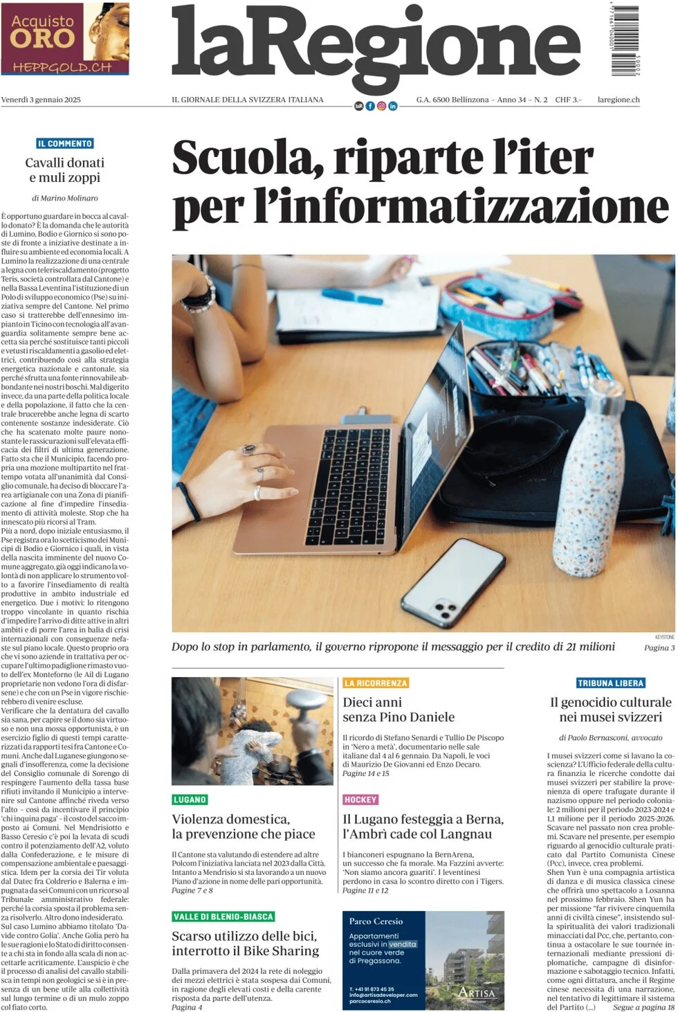 anteprima della prima pagina di la-regione del 03/01/2025